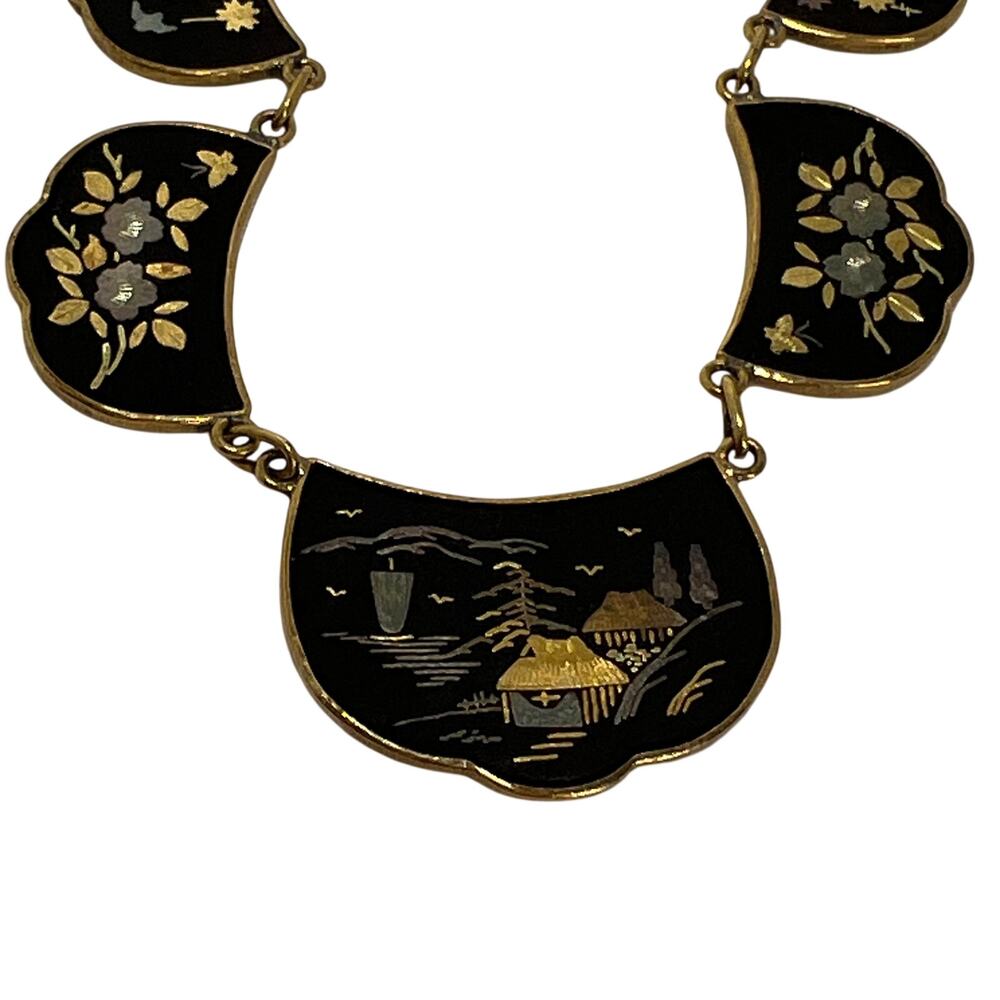 Vintage Japanese Damascene Landscape Fan Bib Statement Necklace Made In Japan - Picture 7 of 14